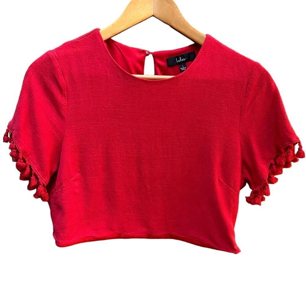 Lulus Made for Madrid Red Tasseled Cropped Top‎ Linen Rayon Women's Size Large